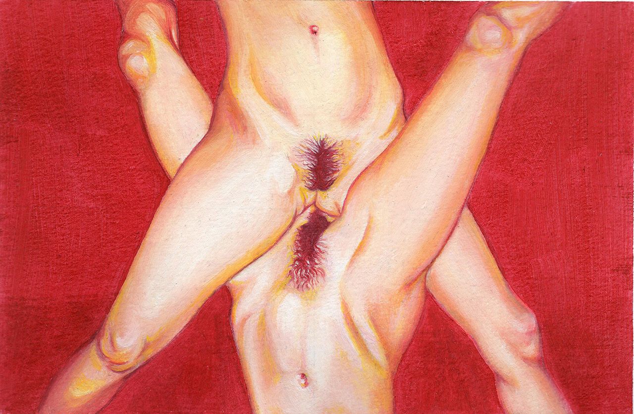 Pintura em óleo sobre papel onde dois corpos femininos se entrelaçam no centro da composição em um encontro sexual, onde vemos apenas os dois corpos da cintura para baixo.  As cores são quentes, o fundo é de um vermelho vibrante e os corpos na parte central variam entre tons de vermelho e amarelo que ora se misturam. 