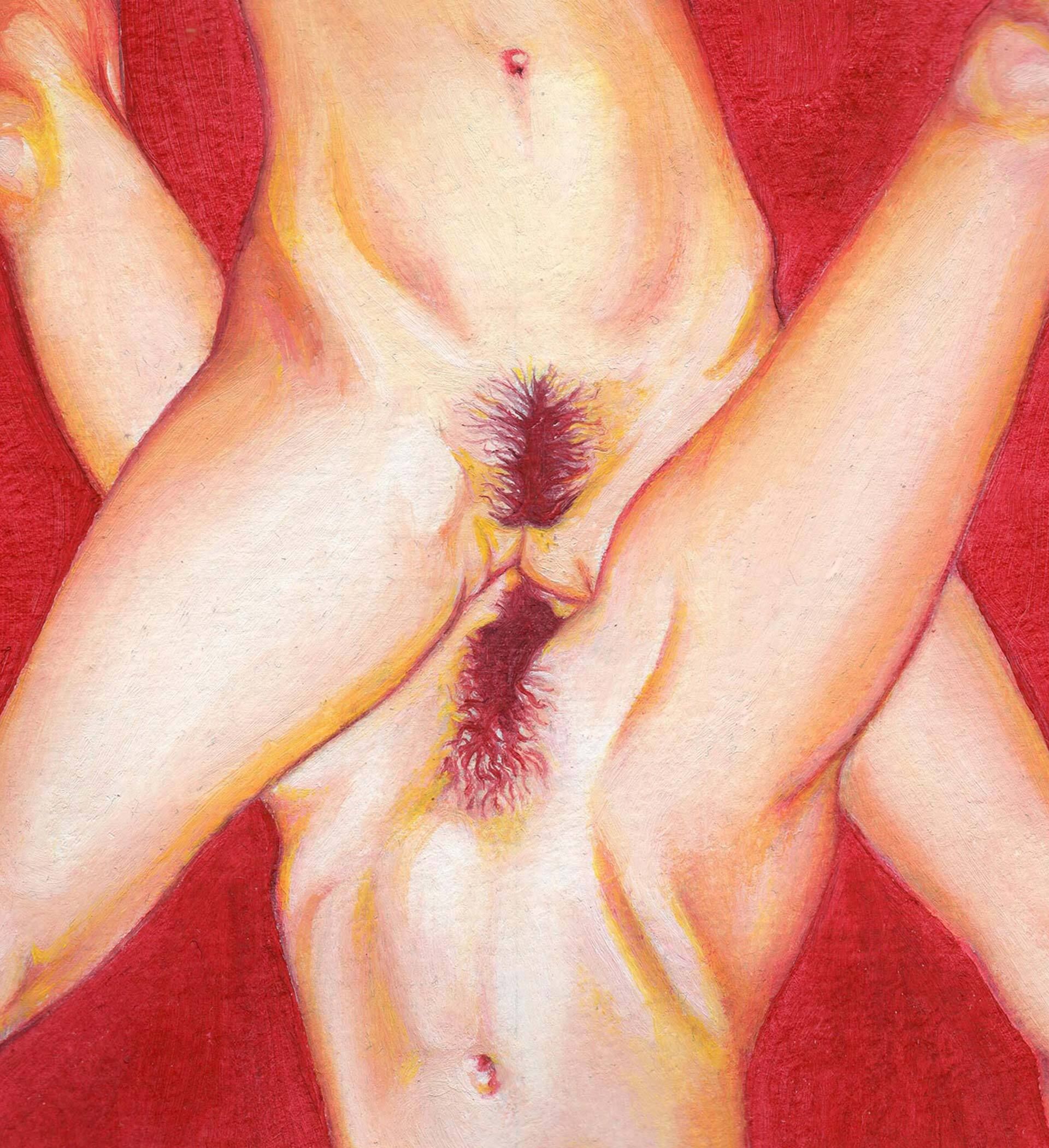 Pintura em óleo sobre papel onde dois corpos femininos se entrelaçam no centro da composição em um encontro sexual, onde vemos apenas os dois corpos da cintura para baixo. As cores são quentes, o fundo é de um vermelho vibrante e os corpos na parte central variam entre tons de vermelho e amarelo que ora se misturam.