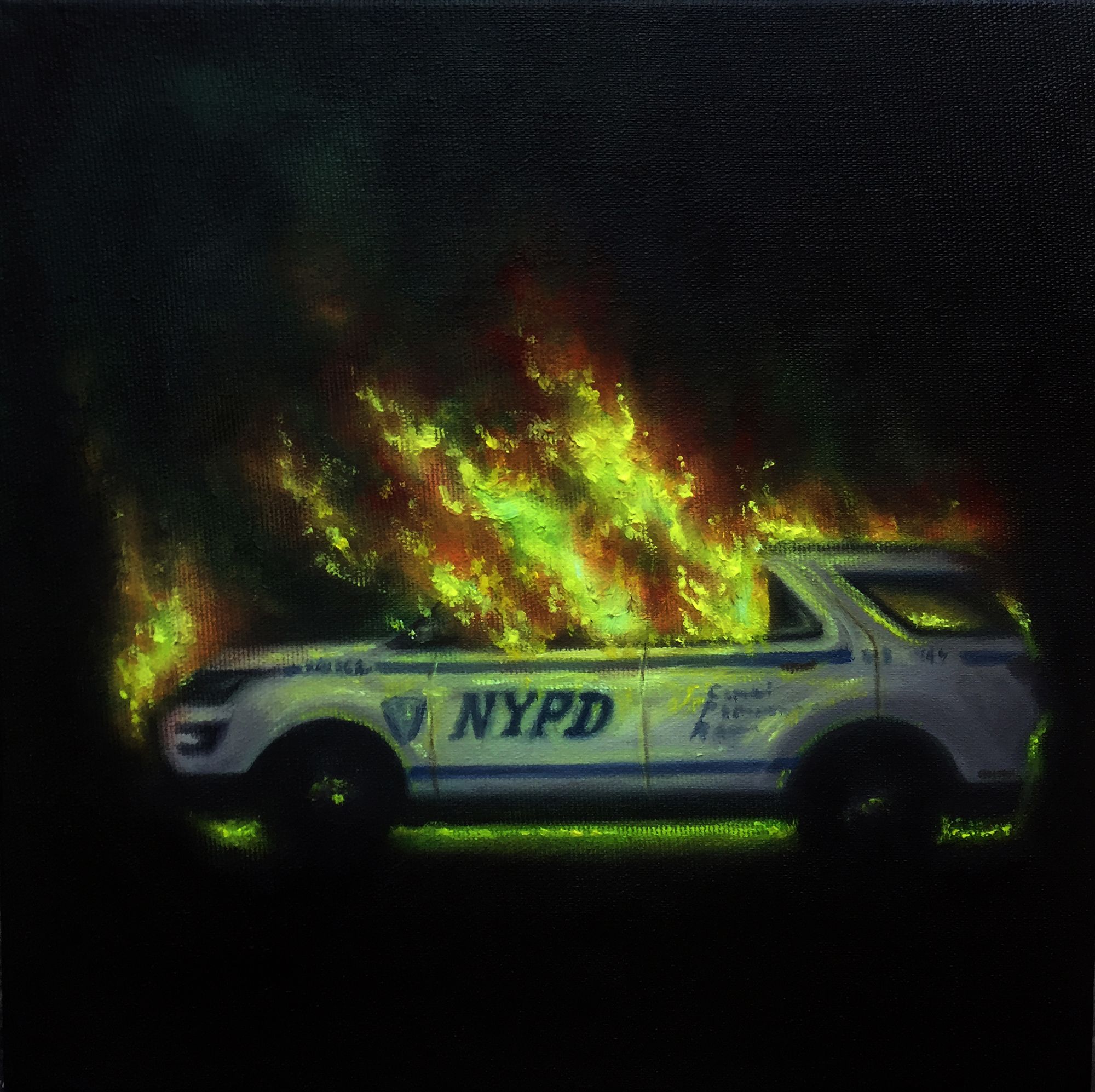 A pintura mostra a imagem de um carro policial incendiado, sobre fundo preto a luz emana do fogo, o carro é de cor azul e branco, pode se ler as siglas NYPD na porta do carro, a pintura faz alusão às manifestações e protestos populares em diversos lugares do mundo.